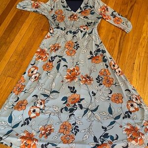 Allison Brittney Floral 3/4 Sleeve Maxi Dress - Orange & Teal on Blue-Gray